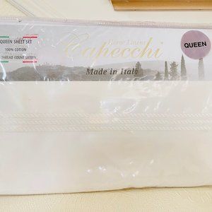 CAPECCHI Luxury ITALY QUEEN Flat Fitted Pillow Sheet Set WHITE Cotton Embroidery